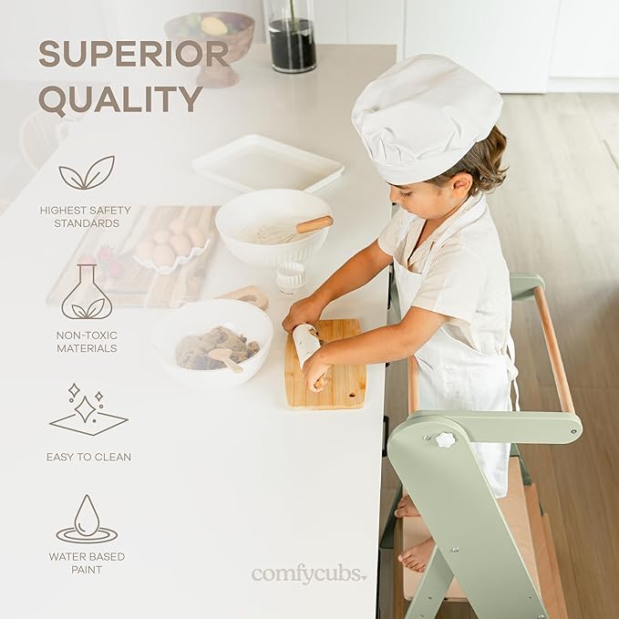 Comfy Cubs Kids Step Stool for Ages 3+, 3 Height Adjustable Toddler Tower, Montessori Furniture Designed in The US - Toddler Standing Tower for Kitchen Sink & Bathroom Access - Sage