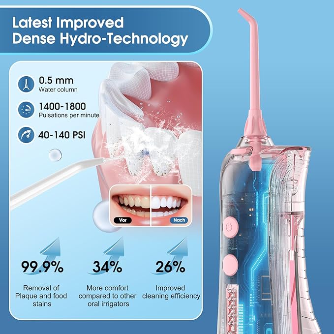 Leominor Water Dental Flosser - 5 Modes Cordless Portable Oral Irrigator, IPX7 Waterproof, Rechargeable Teeth Cleaner Upgrade Datchable Tank Professional Flossing Cleaning Pick for Home Travel (Pink)