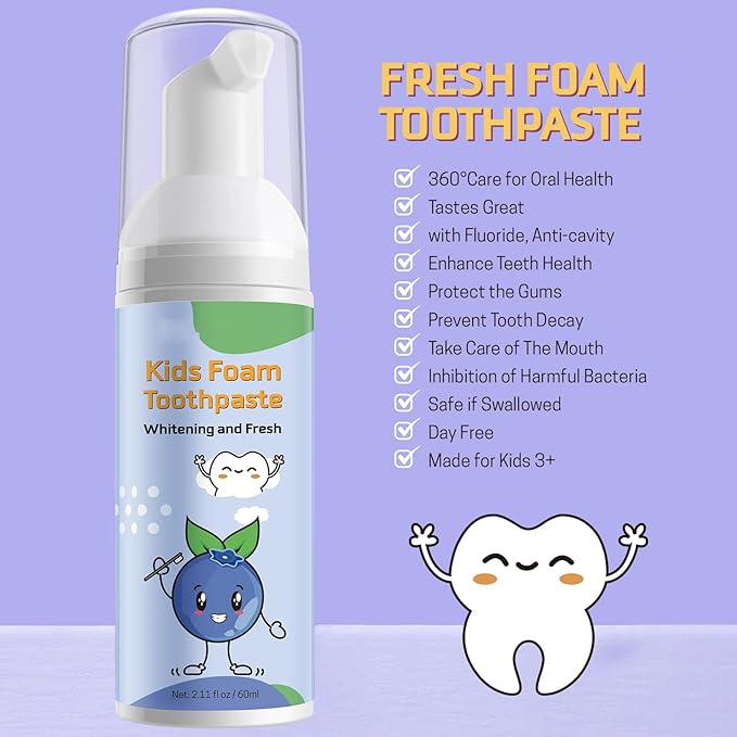 Foam Toothpaste Kids, Kids Foam Toothpaste, Toddler Toothpaste with Low Fluoride for U Shaped Toothbrush, Children Oral Cleaning for Ages 3 Plus (2PCS, Watermelon+Blueberry)