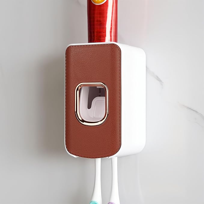 2 Slot Plastic Toothbrush Holder and Toothpaste Dispenser Wall Mounted, Automatic Toothpaste Squeezer, 2 in 1 Tooth Brush Toothpaste Organizer for Shower (Brown)