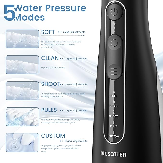 Water Flosser for Teeth with Detachable Washable Tank, 5 Modes Rechargeable Cordless Oral Irrigator, 300ml Portable Dental Flosser, IPX7 Waterproof for Home & Travel, Black
