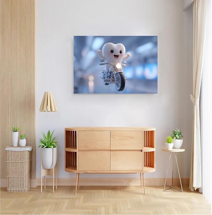 SchindlerBang Dental Wall Art Prints,Colorful Tooth Riding Motorcycle,Playful Decor for Clinics,Offices,or Bedrooms,Gift Option,16x20inch Ready to Hang