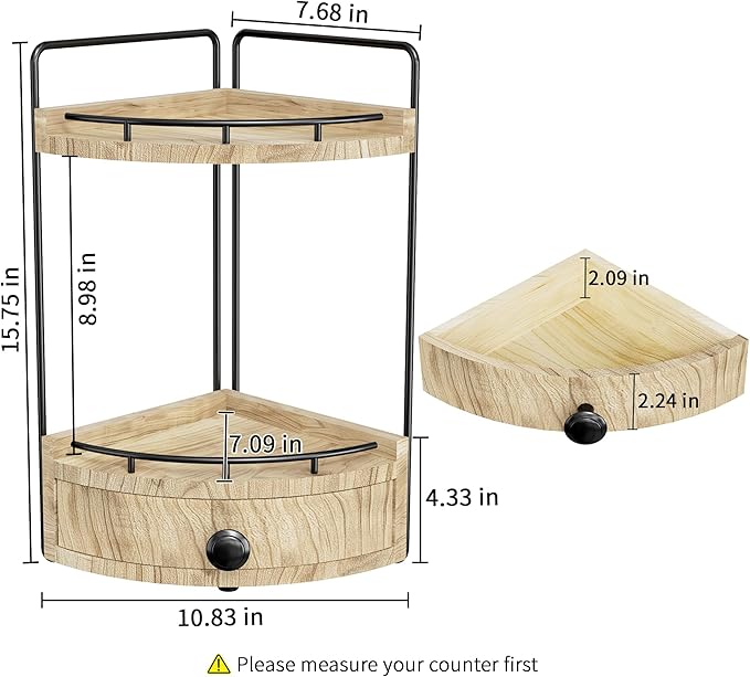 2-Tier Corner Bathroom Counter Organizer with Drawer & Embedded Screw Holes - Wooden Countertop Organizers for Skincare, Makeup Storage, Bathroom Sink Counter Shelf for Vanity, Kitchen