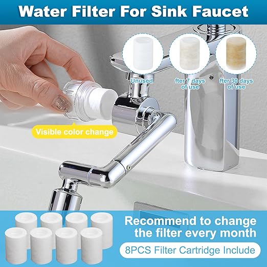 1440º Sink Water Filter Faucet Extender Telescopic, Splash-proof Sink Faucet Extender with Filter, Reduce 99% Chlorine, 2 Modes Spray Attachment for Kitchen/Bathroom/Toddlers, 8Pcs Replacement Filter