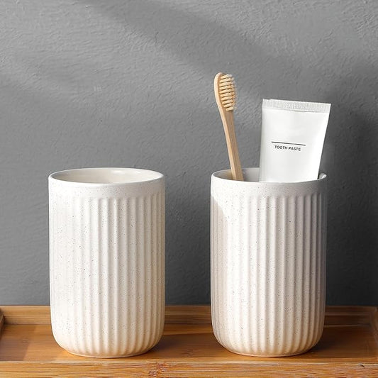 Toothbrush Holders - 2 Cup Ceramic Toothbrush Toothpaste Holders Set, Beige Bathroom Tumbler Cups Reusable Toothbrush Mouthwash Cup, Bathroom Counter Organizer