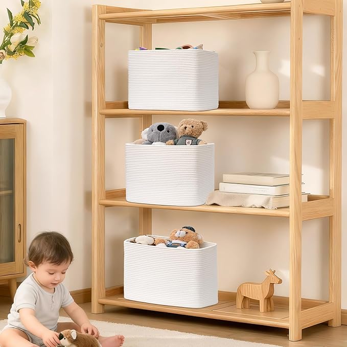 3 Pack Cube Storage Bin, 17”x12”x12” Cotton Rope Woven Baskets for Organizing Toys Clothes Towels, Square Gift Storage Baskets for Shelf, Nursery, Closet, Bathroom, Pantry (White)