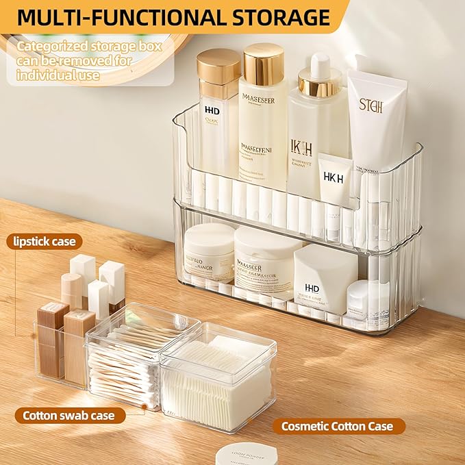2-Tier Stackable Medicine Cabinet Organizer, Narrow Bathroom Makeup Organizer with Lipstick Holders & Cotton Swab Cases, Clear Countertop Shelf for Mirror Cabinet and Vanity