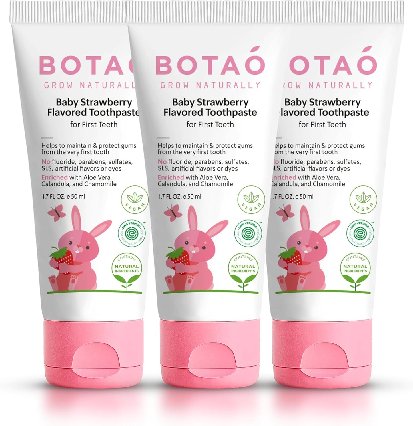 Fluoride Free Baby Toothpaste | Natural Toddler Toothpaste | Strawberry Flavored - Training Toothpaste for Toddlers | EWG Verified, Vegan, SLS Free, Safe to Swallow, Aloe Vera (3 Pack)