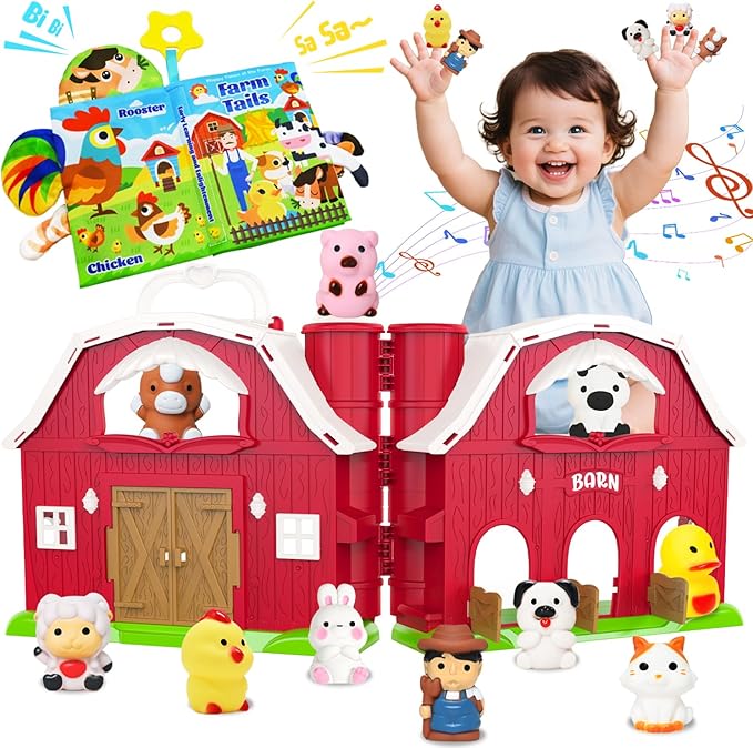 Musical Red Barn Farm Animal Toys with Tails Baby Book, Educational Preschool Farm Animals Finger Puppet for Toddlers 1-3, Montessori Learning Toys Christmas Birthday Gift for Boys Girls 12-18 Months
