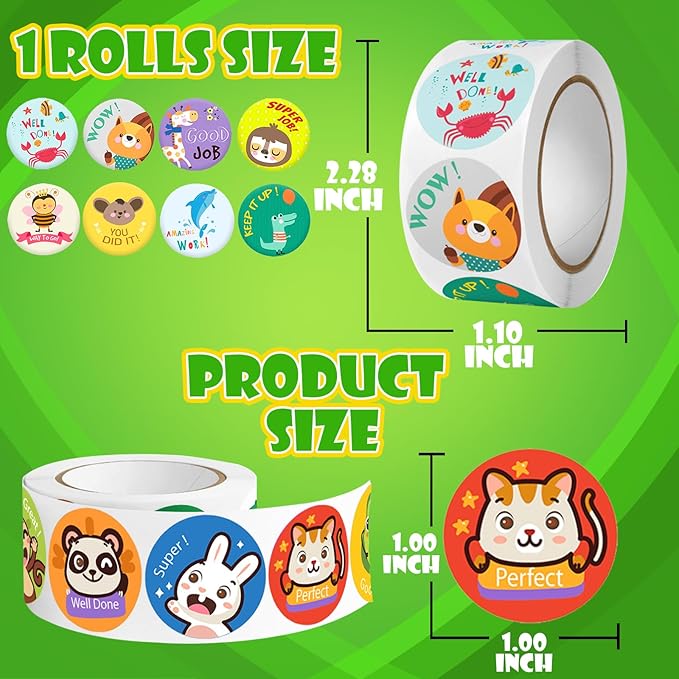 3 Rolls Motivational Stickers for Kids 1500 Pcs Round Animal Incentive Stickers for School Classroom Potty Training Rewards (Cute Animals)