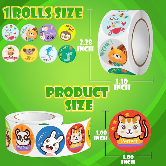 3 Rolls Motivational Stickers for Kids 1500 Pcs Round Animal Incentive Stickers for School Classroom Potty Training Rewards (Cute Animals)