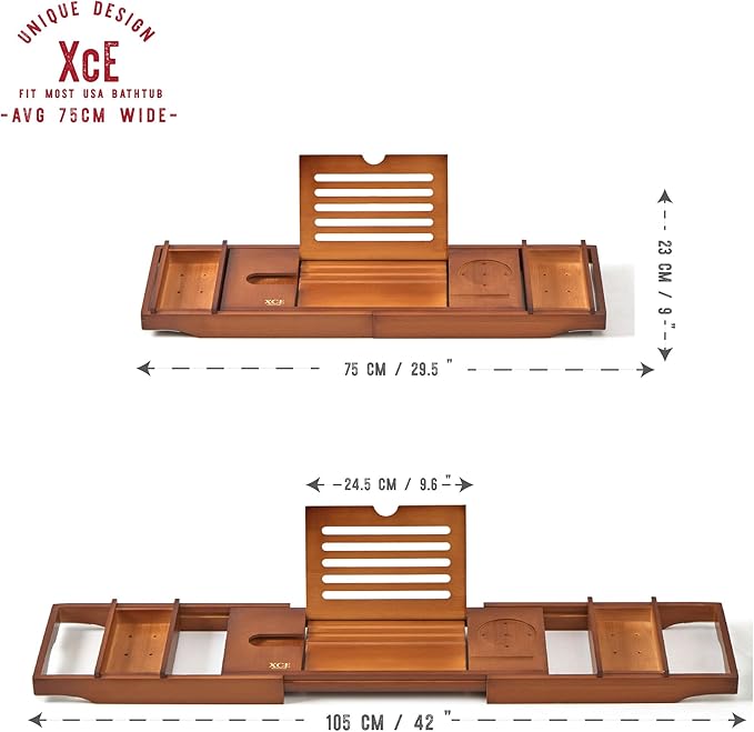 XcE Bamboo Bathtub Caddy Tray - Expandable to 41 Inches with Book Stand, Soap Holder & Anti-Slip Pads for Luxury Bath Spa, Brown