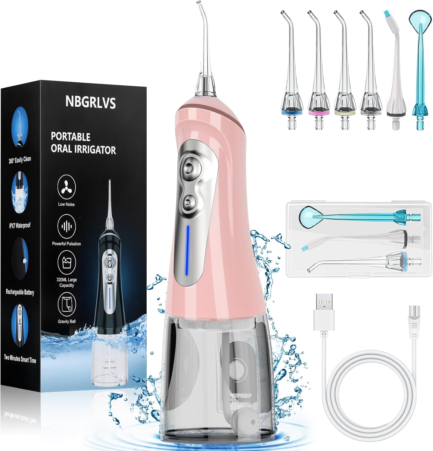 NBGRLVS Water Dental Picks for Teeth Cleaning,6 Modes 6 Tips and Storage Case Water Dental Flossers Cordless 320ML IPX 7 Waterproof Rechargeable Portable Electric Dental flosser for Trave Home (Pink)