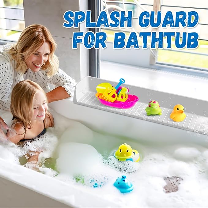 Splash Guard for Bathtub Kids - Silicone Bathtub Splash Guard with 11 Suction Cups, Bath Tub Play Shelf for Kids & Toy Holder, Prevent Water Spill in Bathroom, Fun Bath Time for Toddlers Baby, Gray