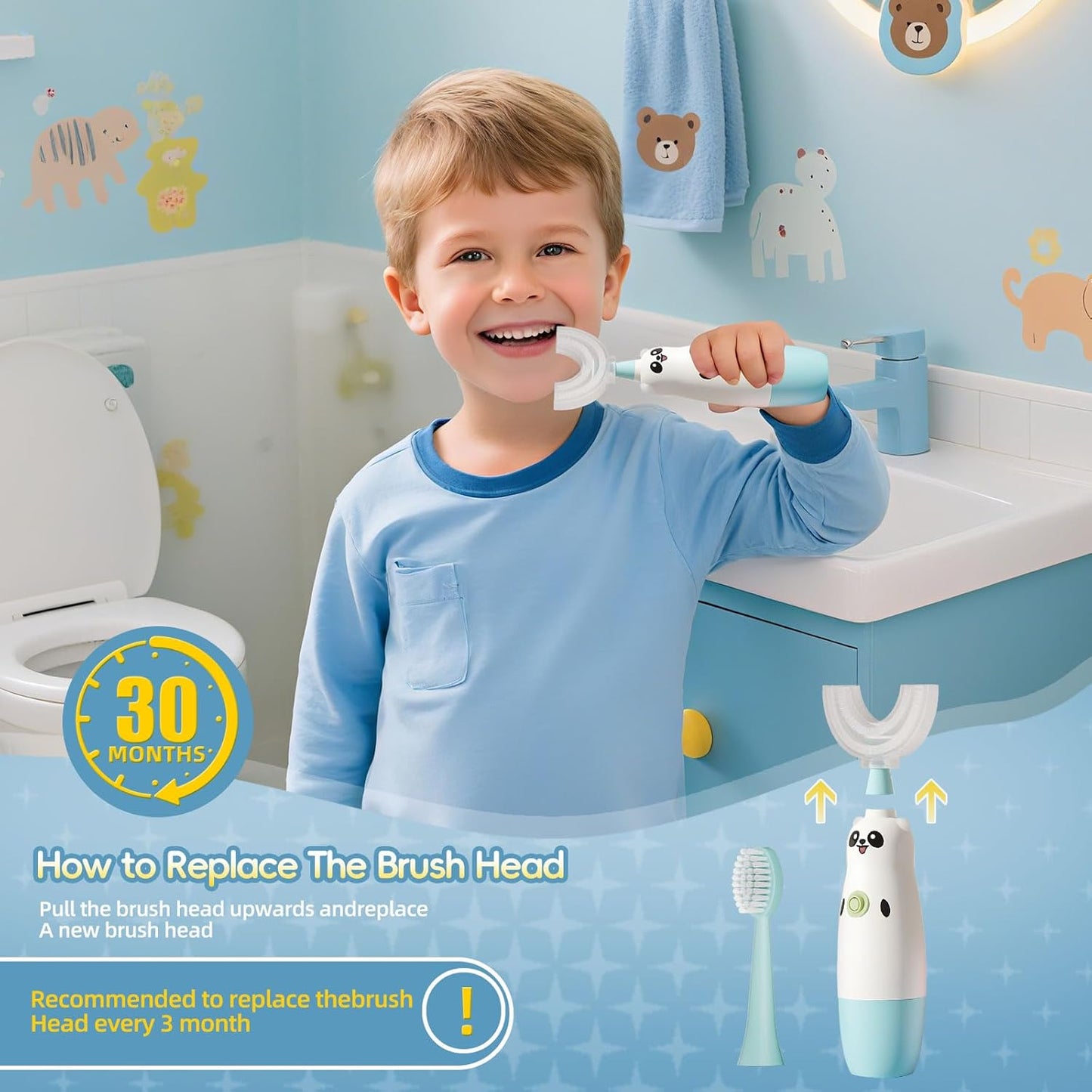 Kids U-Shaped Electric Toothbrush with 2 Brush Heads, Toddlers Sonic with 360 Degree Cleaning, Soft Bristles, Battery Included, IPX7 Waterproof, Cute cartoon for Girls and Boys, Ages 2-7 (Blue)