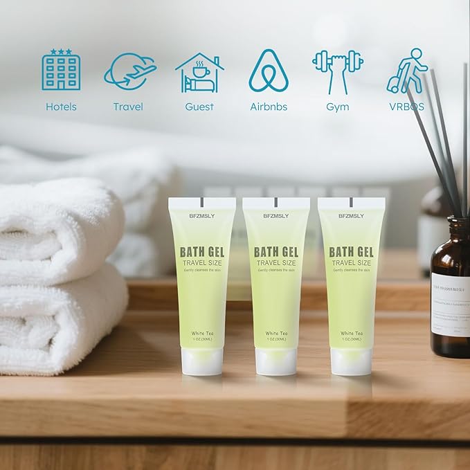 100 Pack Bulk Travel Size Body Wash, 1oz Tubes, White Tea Scent, Mini Shower Gel for Hotel Guests, TSA Approved Toiletries, Individually Sealed for Airbnb, Vacation Rentals