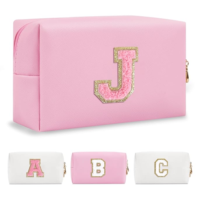 Personalized Initial A-Z Preppy Patch Makeup Bag,Small PU Leather Chenille Letter Cosmetic Bag with Zipper for Teen Girls,Pink Cute Travel Toiletry Bag,Birthday Monogrammed Gift for Daughter,Letter J