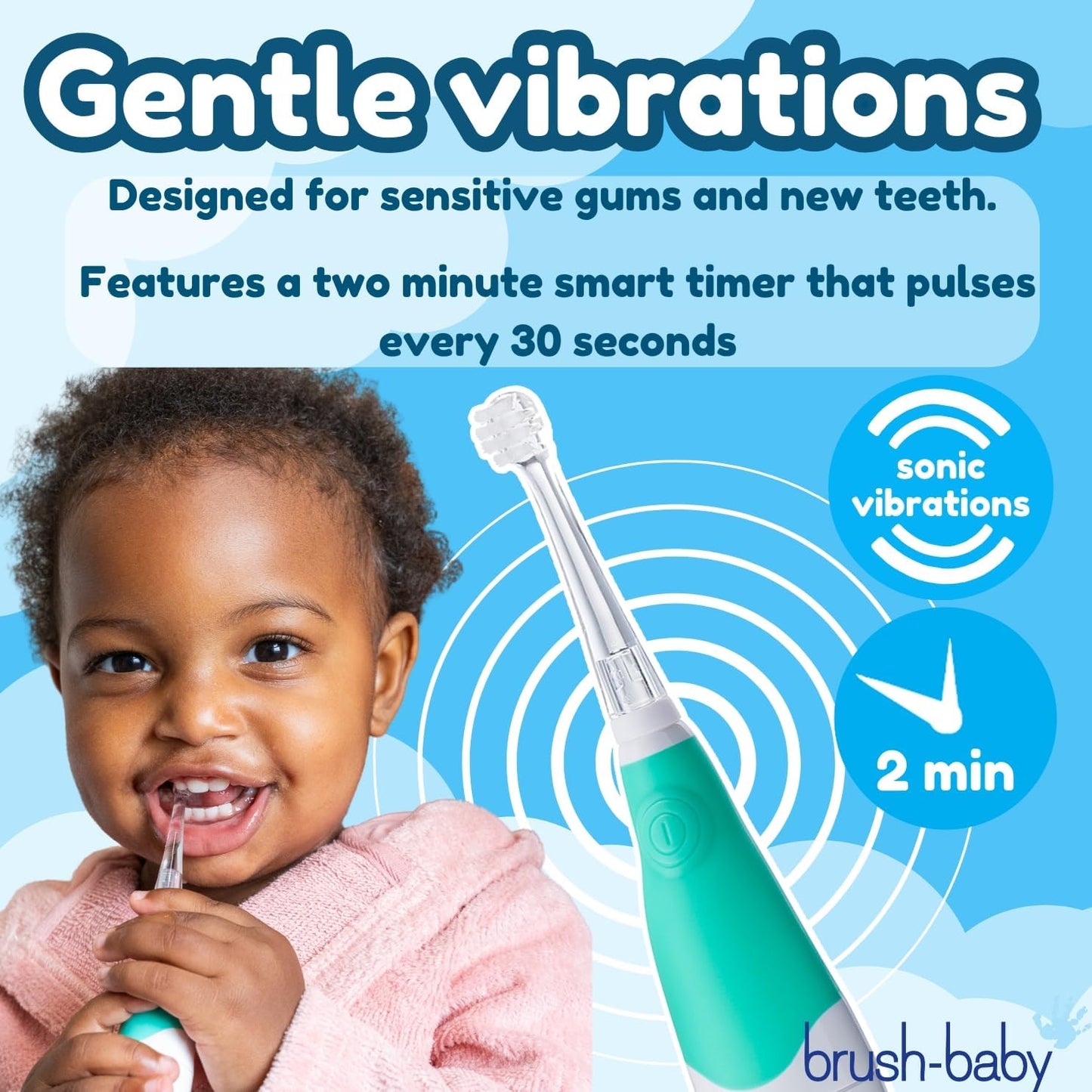 brush-baby BabySonic Infant and Toddler Electric Toothbrush for Ages 0-3 Years - Smart LED Timer and Gentle Vibration Provide a Fun Brushing Experience - Includes 2 Sensitive Brush Heads (Teal)