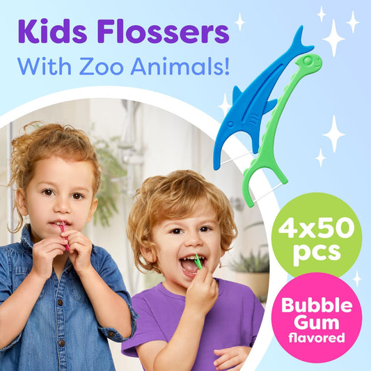 Kids Flossers 2 Pack (100 Total), Kids Floss Picks, Flossers Children, Floss Children, Animal Shapes, Glides Easy Between Teeth, Flosser Helps Prevent Tooth Decay & Gum Disease, Bubble Gum Flavored