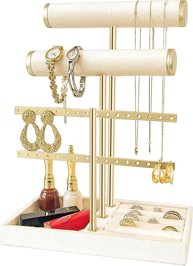 3 Tier Jewelry Organizer Stand with Detachable Ring Tray, Multi-functional necklace Holder for Bracelet, Earring, Elegant Closet Decor Gift for Women (White)