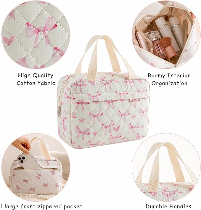 Large Size Quilted Coquette Makeup Bag, Cute Preppy Floral Cotton Travel Cosmetic Organizer Bag with Top Handle, Multi-Layer Travel Toiletry Pouch for Girls (08Heart Bow)