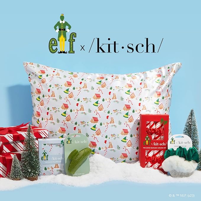 Kitsch x Elf Periwinkle Christmas Satin Pillowcase, Softer Than Silk Pillow Cases King, Cooling Pillow Covers, Satin Pillowcase with Zipper for Hair, Skin & Quality Sleep, Wrinkle-Free, Smooth, 19x36
