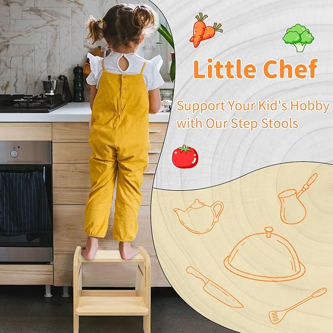 Step Stool for Toddler Kids Wooden – Height Adjustable 2-Step Ladder with Handles – Bathroom Sink Kitchen Bedroom Potty Training – Non-Slip Safety Design for Children 18 Months+