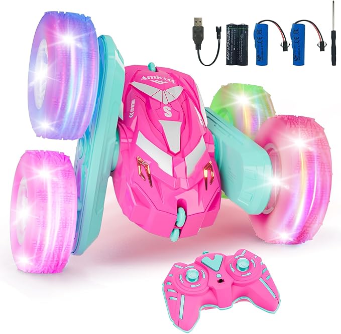 Remote Control Car for Girls 6-12 with Flashing Light, Toys 6 7 8 9 Years Old Girl Birthday Gifts Idea, RC Cars Stunt 4WD 2.4Ghz Double Sided 360° Flip, Present for Kids, Christmas, Pink