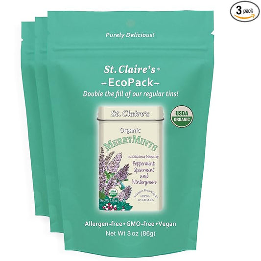 St. Claire’s Organic MerryMints – 3-Pack EcoPack, 3 oz Each | Certified Organic, Vegan, Gluten-Free, Allergen-Free, Non-GMO, Low Calorie, Plant-Based | Made in USA