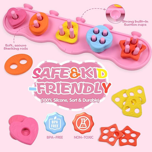 Toddler Bath Toys, Mold Free Silcone Shape Sorting & Stacking Bath Toy Set with 20 Textured Floating Pieces, No Hole Design, Silicone Color & Shape Sorter for Baby Early Learning Bathtub Fun