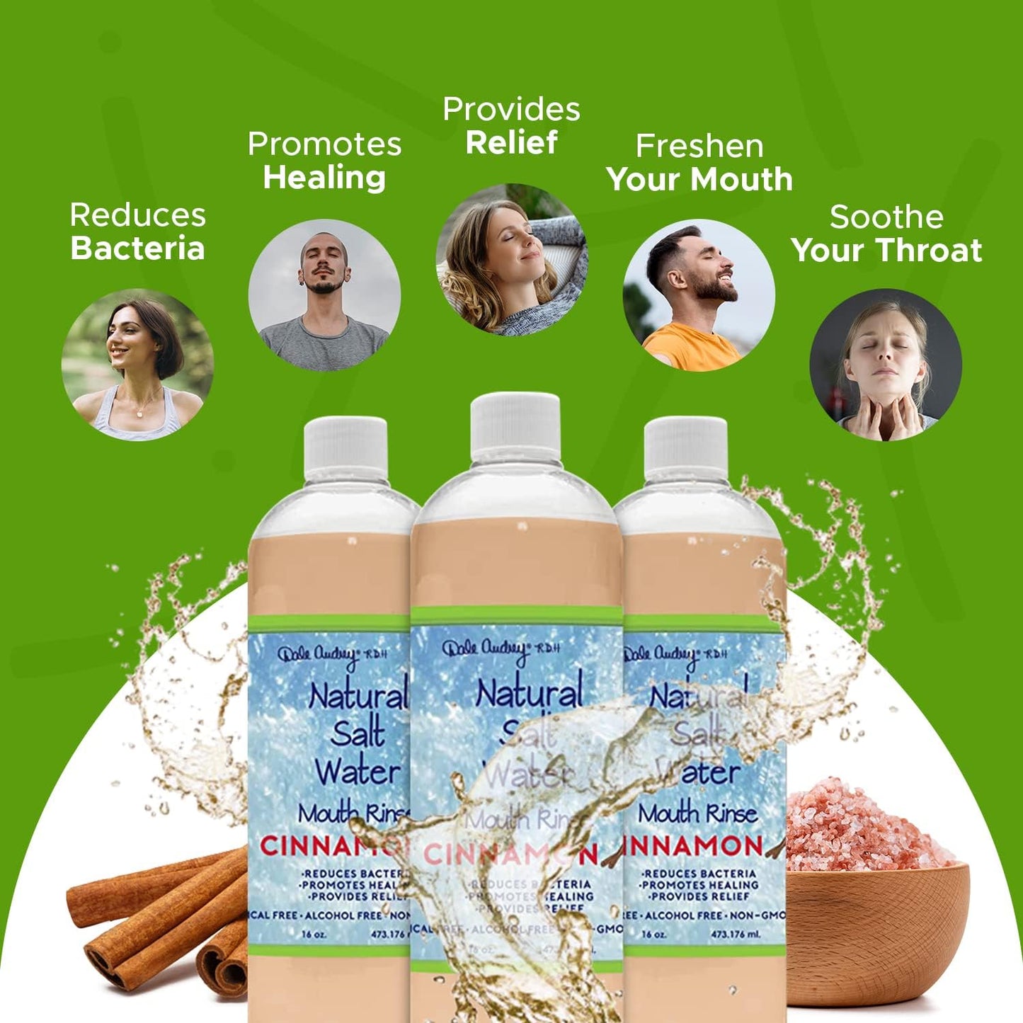 3 Pack Natural Saltwater Mouth Rinse | Himalayan Pink Salt Water Oral Rinse | Organic Cinnamon Flavor Fluoride & Alcohol Free Mouthwash for Fresh Breath | Natural Gum Care Mouthwash-16 FL Oz