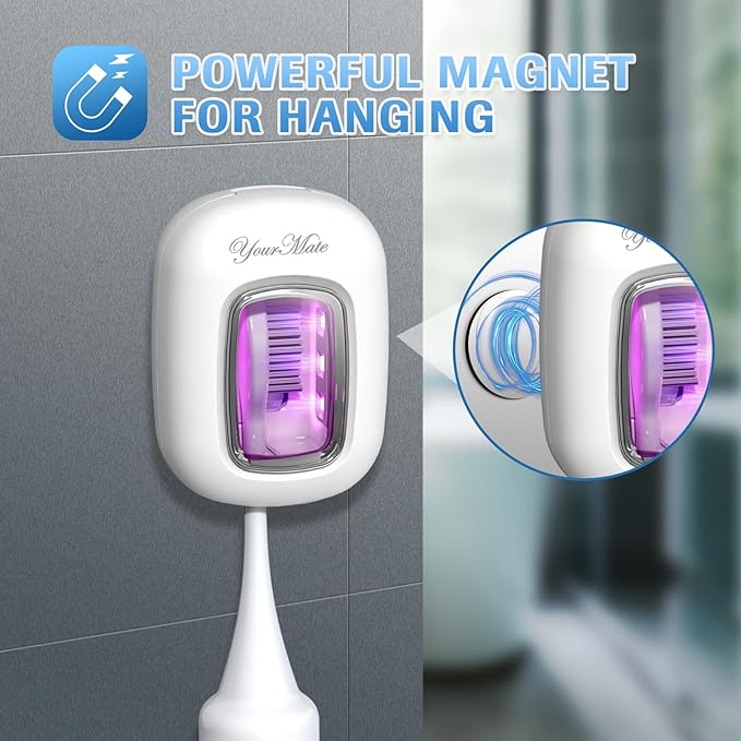 YourMate Rechargerable UVC Toothbrush Sanitizer Case Pro Compatible with Electric Toothbrush Heads/Regular Toothbrushes Travel Toothbrush Covers Case Magnetic Holder for Houshold/Traveling White