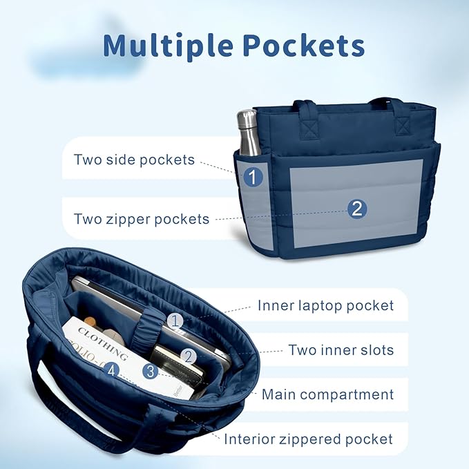 TOPDesign Puffer Tote Bag for Women, Lightweight Puffy Handbag with Compartments, Quilted Shoulder Bag for Work, Travel, Gym