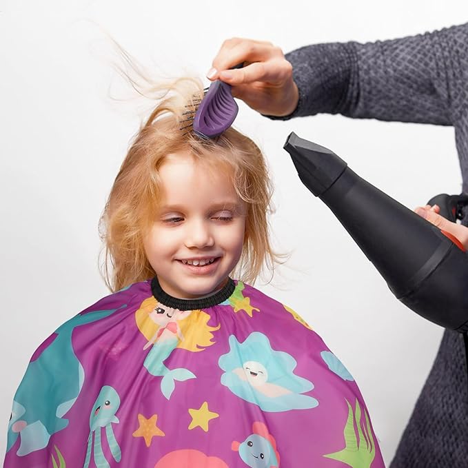 Kids Barber Cape with Neck Duster Brush, Professional Salon Hair Cutting Cape with Adjustable Snap Closure(Cartoon Mermaids)