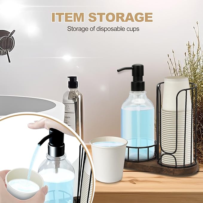 Country-Style Bathroom Cup Holder with 17 oz Reusable Mouthwash Dispenser, 2-Compartment 3oz Disposable Mouthwash Cup Storage Rack, Iron Bathroom Accessories