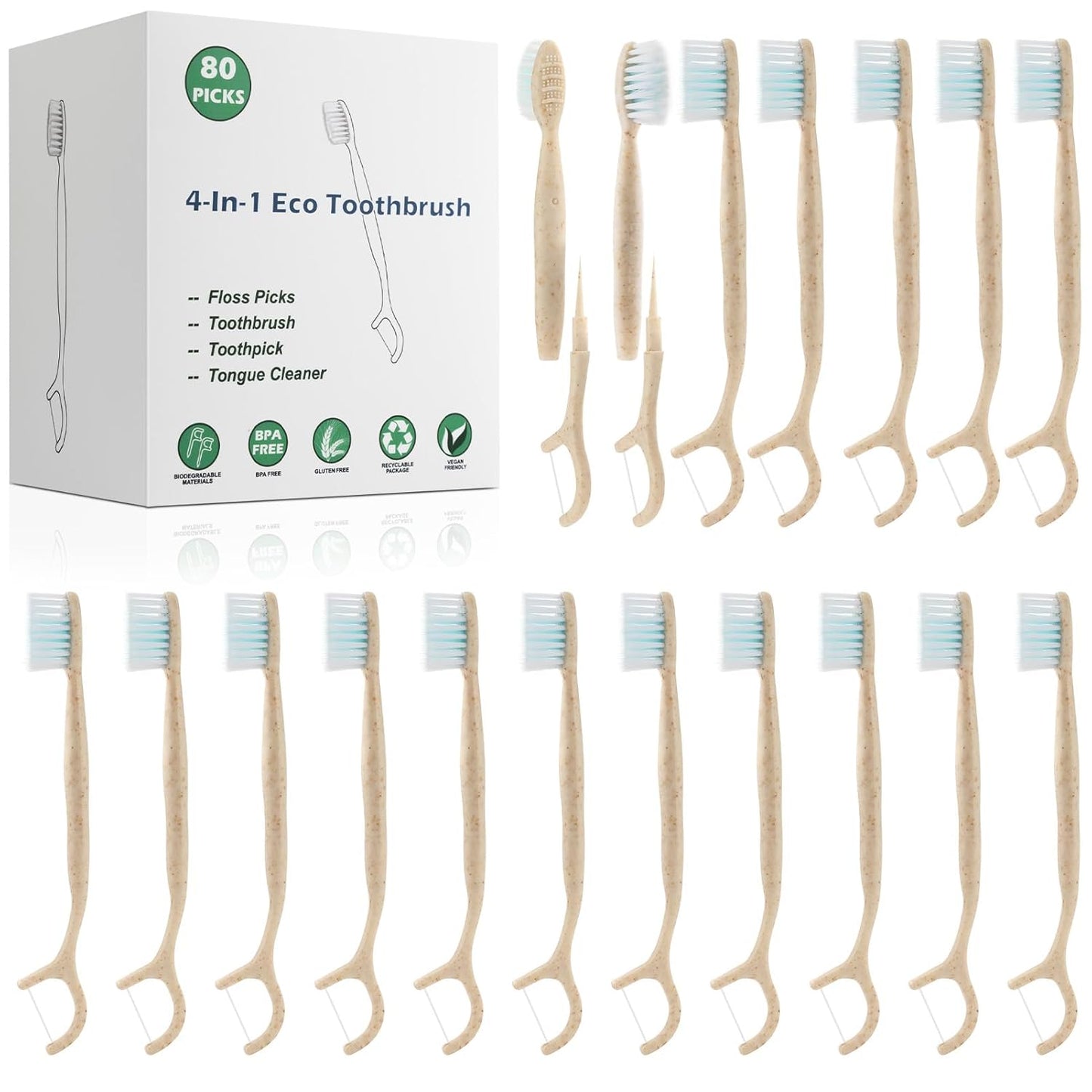 Travel Toothbrush Dental Floss Picks - 4 in 1 Biodegradable Disposable Toothbrushes with Tongue Scraper, Eco-Friendly Individually Wrapped Toothbrush for Adult Kids Travel Oral Care, 80 Pack