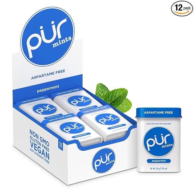 PUR Mints | Aspartame-Free | Made with Xylitol | Sugar-Free, Vegan, Gluten-Free & Keto Friendly | Natural Peppermint Flavor, 30 Pieces (Pack of 12)