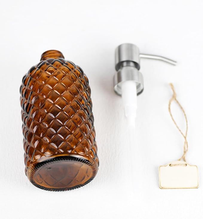 16 oz Diamond Pattern Glass Soap Dispenser, Kitchen and Bathroom Refillable Soap Dispenser with Rust Resistant Stainless Steel Pump for Hand Soap, Lotion Glass Liquid Dispenser(Amber)