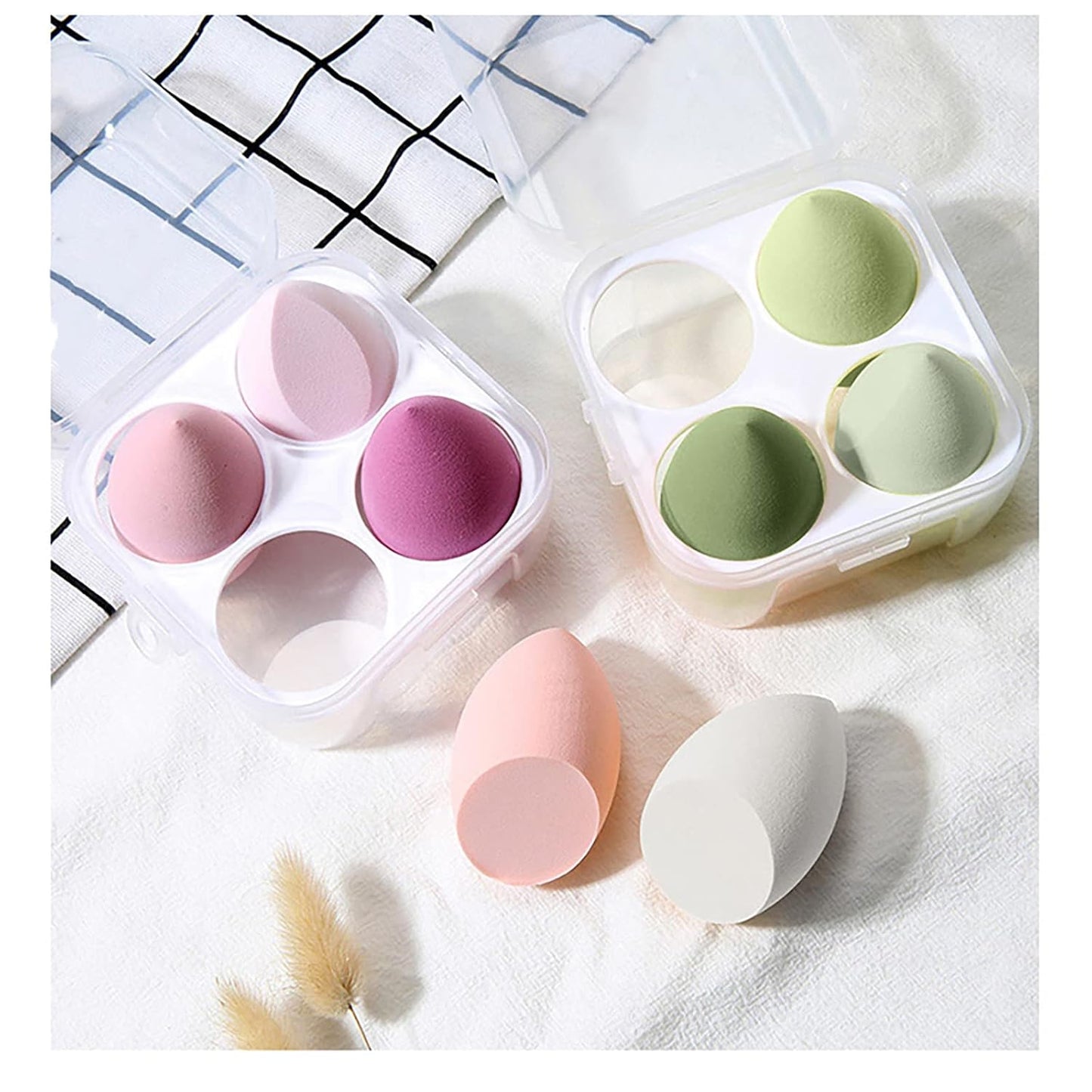 5 Pcs Makeup Sponges Set - 4 Beauty sponges Blending Blenders with 1 Holder and Egg Case, Flawless for Cream, Powder and Liquid (Pink) (Green)