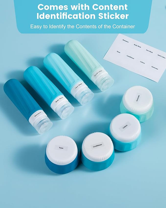 Travel Size Toiletries 8 Pack, TSA Approved 3oz Silicone Squeeze Bottles & Cream Jars with Clear Travel Bag