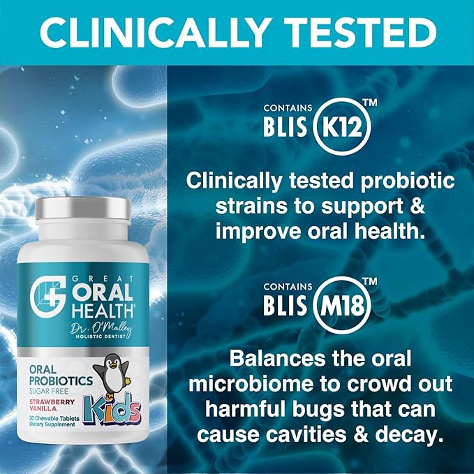 Oral Probiotics for Mouth Bad Breath Treatment for Kids Dental Care & Cavity Prevention with BLIS K12 M18 – Dr Formulated Dental Probiotics for Teeth and Gums, 30 Chewable Tablets Strawberry Vanilla