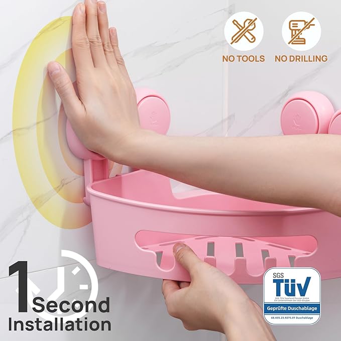 LEVERLOC Corner Shower Caddy Suction Cup, Powerful Suction Bathroom Shower Shelf, Waterproof and Rustproof Organizer for Bathroom Storage and Kitchen, No-Drilling Removable, Pink