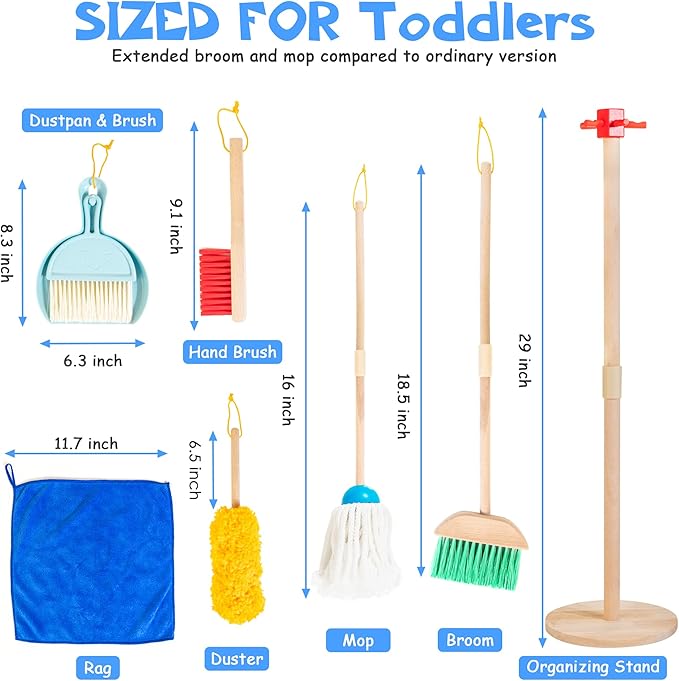 Wooden Kids Cleaning Set for Toddlers,8 Pieces Montessori Cleaning Toys with Kids Broom and Mop Set, Housework Pretend Play Toy Gift for Boys Girls Ages 3+