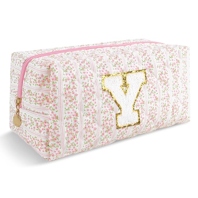 Personalized Quilted Cosmetic Bag, Puffy Monogrammed Christmas Birthday Gifts for Women & Girls, Cute initial Floral Makeup Bag Puffer Coquette Bag, Aesthetic Travel Toiletry Zipper Pouch(Pink,Y)