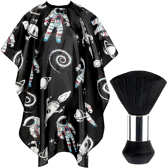 FEBSNOW Kids Hair Cutting Cape,Professional Kids Barber Cape and Neck Duster Brush Cartoon Hairdresser Apron with Adjustable Closure for Children Salon Barber Supplies(Astronaut Space Travel)