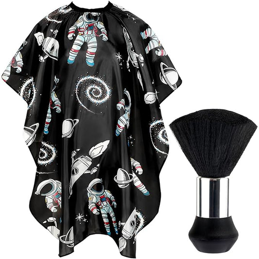 FEBSNOW Kids Hair Cutting Cape,Professional Kids Barber Cape and Neck Duster Brush Cartoon Hairdresser Apron with Adjustable Closure for Children Salon Barber Supplies(Astronaut Space Travel)