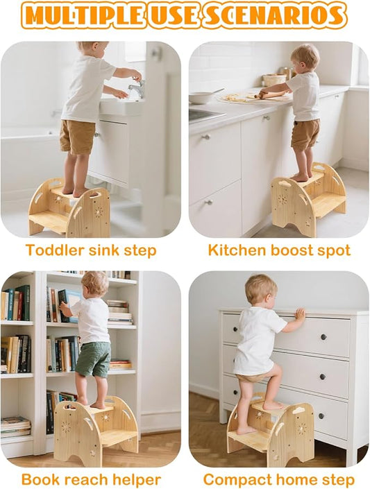 Wooden Toddler Step Stool for Kids - Non Slip 2 Step Stool with Handles for Bathroom Sink, Potty Training, Kitchen