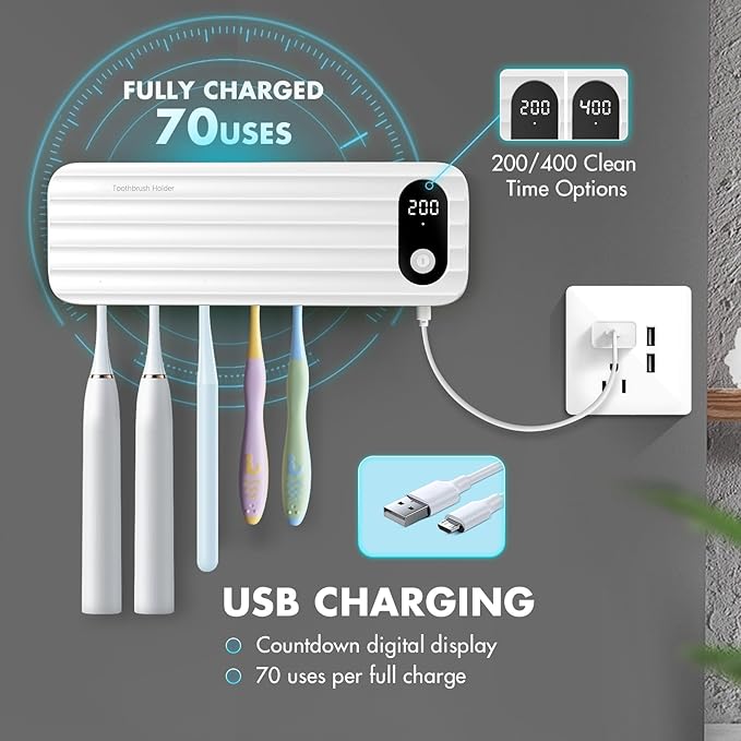Sanitizeri Toothbrush Cleaner with 5 Slots, Smart Sanitizeri Toothbrush Holder Organizer, Cordless No Drilling Wall Mounted Rechargeable Holders for Bathroom Family, 200/400s Timer Function