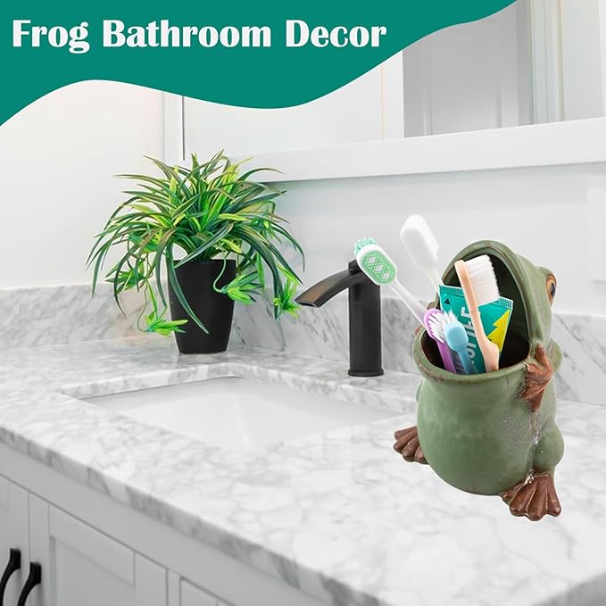 FlidRunest Extra Large Kids Frogs Toothbrush Holder for Bathroom - Ceramic Animal Tooth Brush Holder Cup - Easy to Clean Toothbrush and Toothpaste Holder - Great Gift for Boy, Friends, Kids, Men