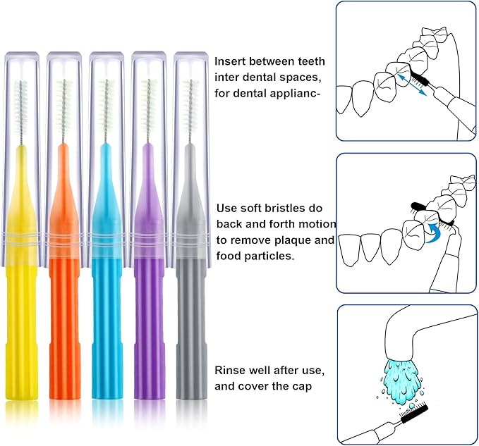 Patelai 100 Pieces Braces Brush for Cleaner Interdental Brush Toothpick Dental Flossing Head Oral Hygiene Flosser Tooth Cleaning Tool(Orange,Yellow, Light Blue, Purple, Grey)